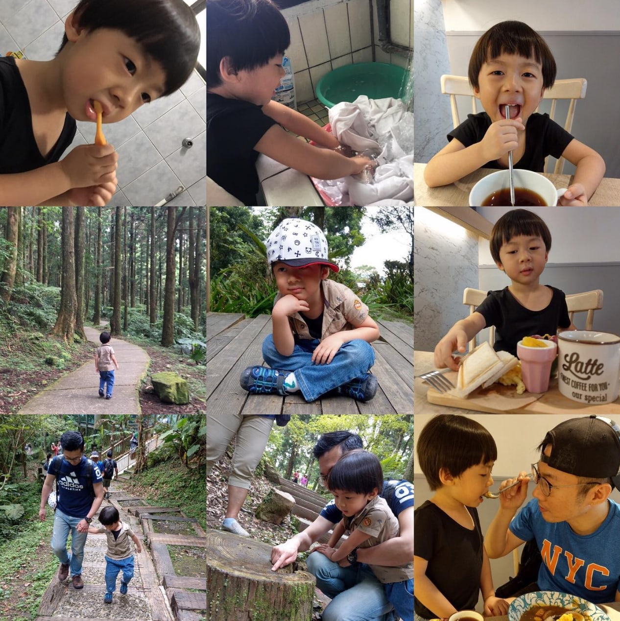 Instagram 九宮格：一起刷牙、洗衣、走林道、在咖啡廳吃早餐
