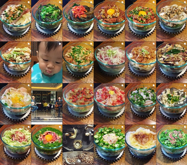 Instagram 九宮格：數十道以透明玻璃碗層層盛裝的親子丼飯，於同一張木桌由上往下拍