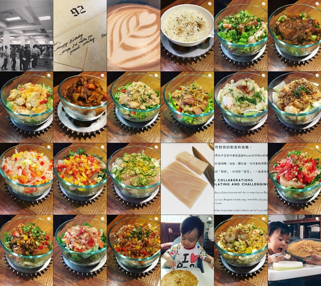 Instagram 九宮格：大量生食蓋飯與沙拉碗，穿插孩子用餐與一張手寫生日卡